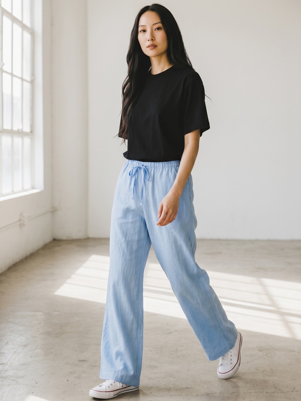 Light Blue Wide-Leg Drawstring Pants — Women's Relaxed Fit